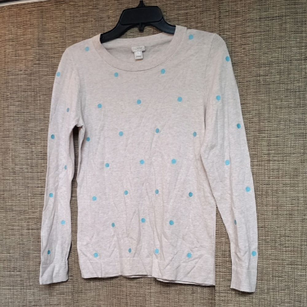 J. Crew Cream Fine Cotton Sweater with Blue Polka Dots